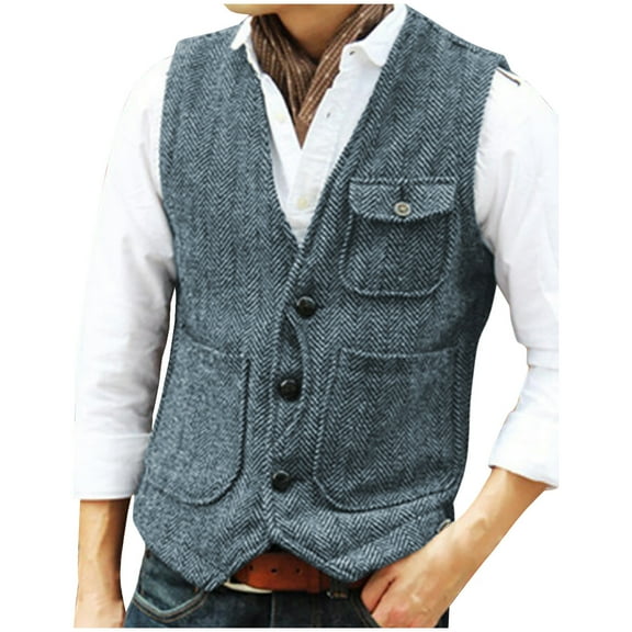 ZCFZJW Men's Vests Herringbone Tweed Vest Casual V-Neck Waistcoat For Men Retro Men's Wedding Vests Travel Workwear Vest Light Blue XS