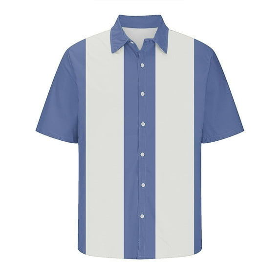 ZCFZJW Men's Vintage Bowling Shirts 1950s Casual Short Sleeve Button Up Contrast Shirt Summer Color Block Cuban Shirts Trendy Holiday Beach Hawaiian Shirt Tops Blue XL