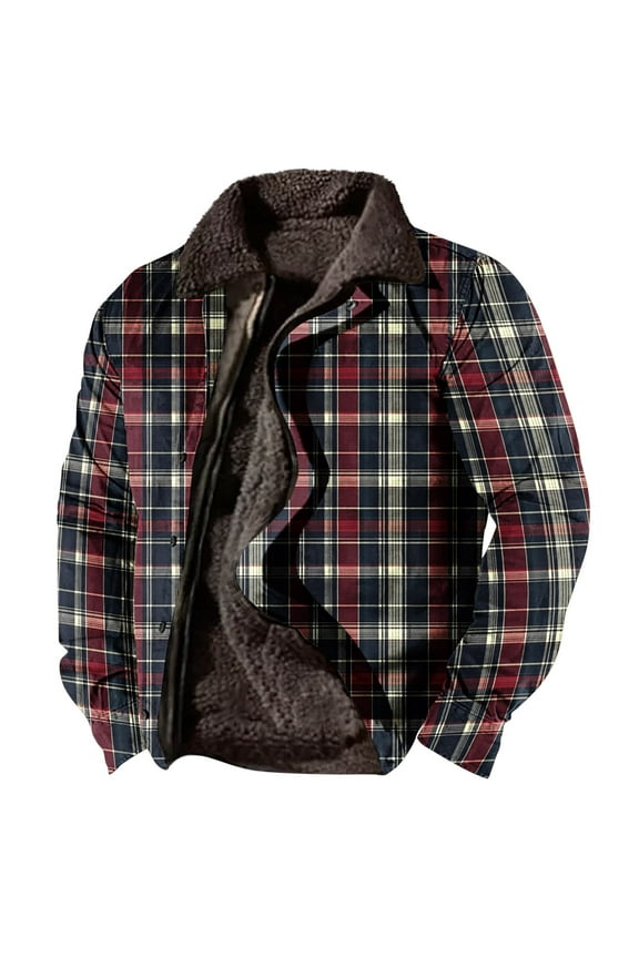 Men's Vintage Plaid Western Winter Fleece Jacket Warm Fleece Lined Coat Lapel Work Cargo Jackets Sherpa Fleece Lined Jackets XXL