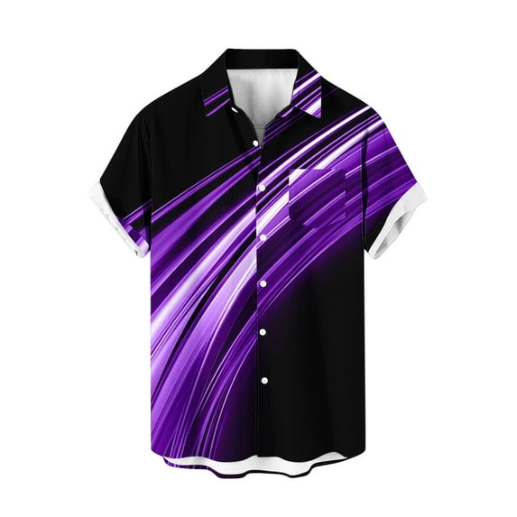 ZCFZJW Men's Vintage Striped Color Block Pritned Summer Bowling Shirt Short Sleeve Button Down Summer Cuba Beach Shirts with Pockets Purple M