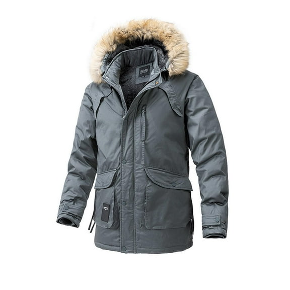 ZCFZJW Men's Warm Parka Jacket Winter Snow Coat with Detachable Faux Fuzzy Hood Trendy Long Sleeve Full Zip up Hooded Mountain Ski Coat Gray XL