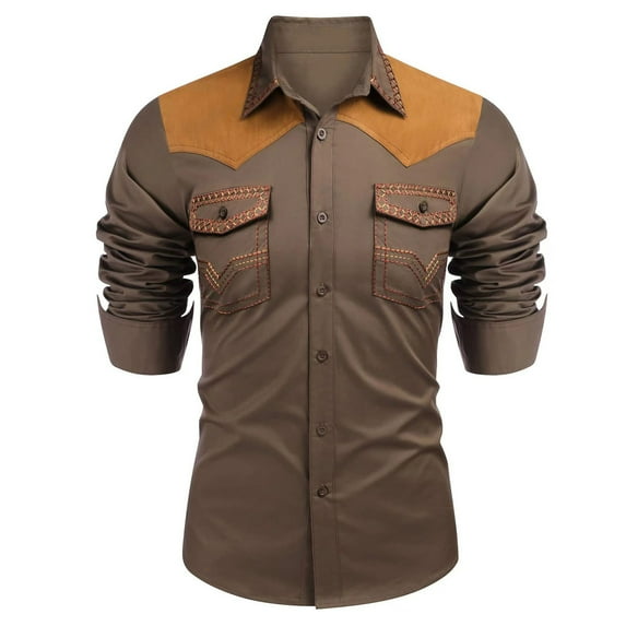 ZCFZJW Men's Western Cowboy Shirt Vintage Embroidered Long Sleeve Slim Fit Casual Cotton Button Down Hippie Collared Shirts with Double Chest Pockets Coffee XL