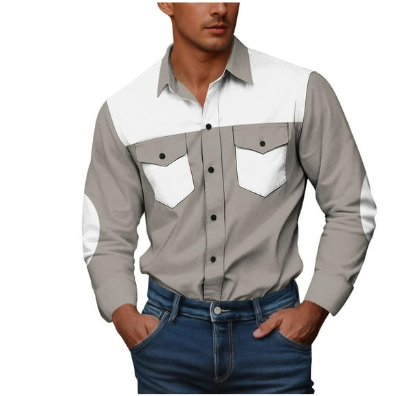 ZCFZJW Men's Western Cowboy Shirts Big and Tall Regular Fit Classic Long Sleeve Pearl Snap Casual Color Block Button Stretch Work Shirts with Two Chest Pockets White M