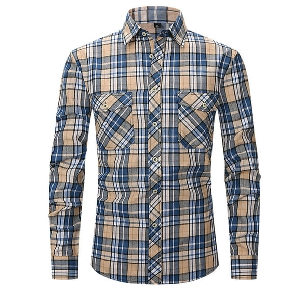 ZCFZJW Men's Flannel Plaid Shirts Fall Winter Regular Fit Cotton Button Down Casual Long Sleeve Shirts Flannel Jackets with Double Pockets Blue L