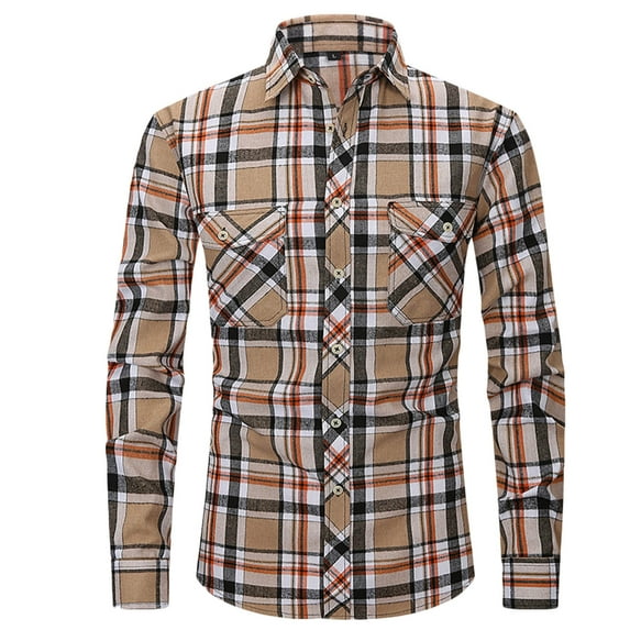 ZCFZJW Men's Western Two Pockets Work Shirt Regular Fit Pearl Snap Button Up Casual Cowboy Buffalo Plaid Long Sleeve Shirts Khaki XXL