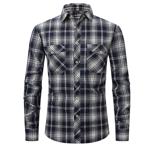 ZCFZJW Men's Western Two Pockets Work Shirt Regular Fit Pearl Snap Button Up Casual Cowboy Buffalo Plaid Long Sleeve Shirts Navy#01 M