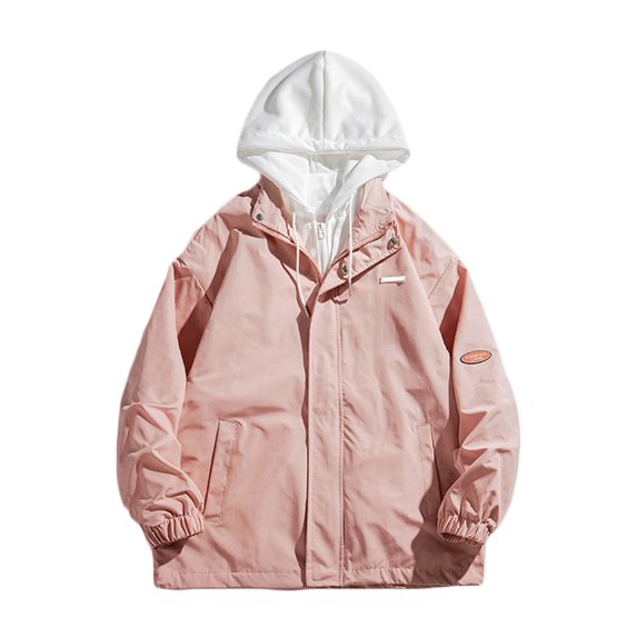 ZCFZJW Men's Windbreaker Jacket Lightweight Casual Drawstring Long Sleeve Patchwork Hooded Outwear Coat Water-Resistant Windbreakers for Men Pink XXL