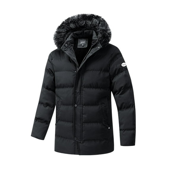 ZCFZJW Men's Winter Coat Warm Parka Jacket with Faux Fur Removable Hood Trendy Long Sleeve Outdoor Mountain Hooded Outerwear Tops Black XL