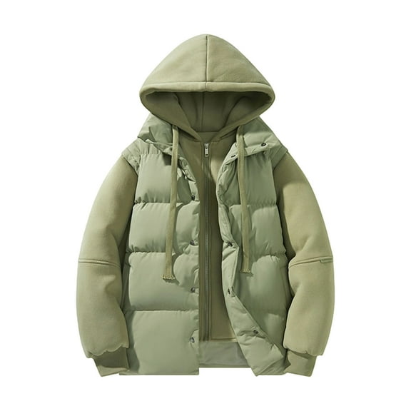 ZCFZJW Men's Winter Hooded Puffer Jacket Thick Warm Drawstring Casual Outdoor Down Hoodie Coat Loose Fit Fake Two Piece Style Parka Jackets with Pockets Army Green M