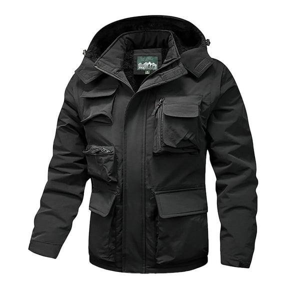 ZCFZJW Men's Winter Jacket Cotton Military Jackets Fleece Lined Full Zip up Long Sleeve Thicken Work Warm Cargo Outwear Coats with Detachable Hooded Black L