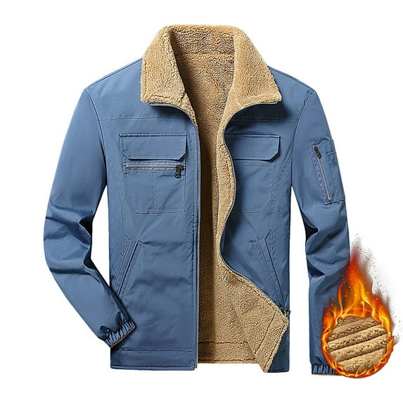 ZCFZJW Men's Winter Jacket Thick Thermal Cotton Warm Fleece Lined Coat Long Sleeve Full Zip up Trucker Lapel Work Cargo Jackets for Men with Multi-Pockets Blue L