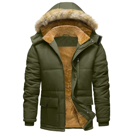 ZCFZJW Men’s Winter Jacket Thicken Warm Fleece Lined Long Sleeve Hoodie Water Repellent Windproof Parka Winter Plush Thick Warm Outwear Coat with Pockets Green L