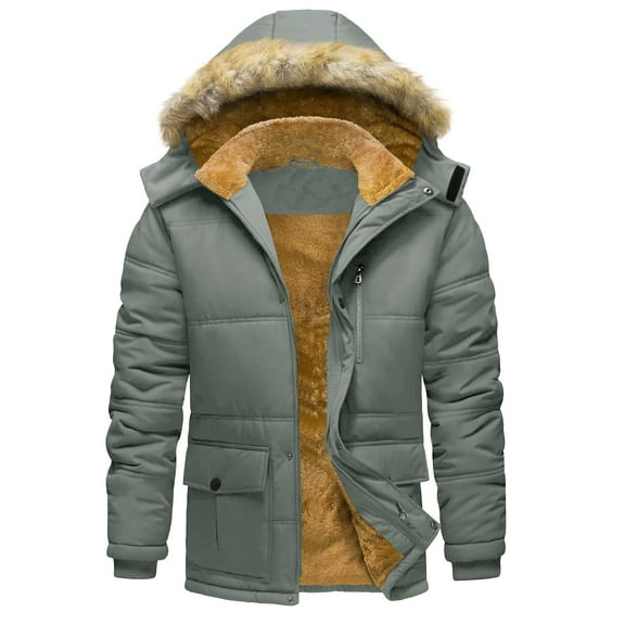 ZCFZJW Men’s Winter Jacket Thicken Warm Fleece Lined Long Sleeve Hoodie Water Repellent Windproof Parka Winter Plush Thick Warm Outwear Coat with Pockets Gray L