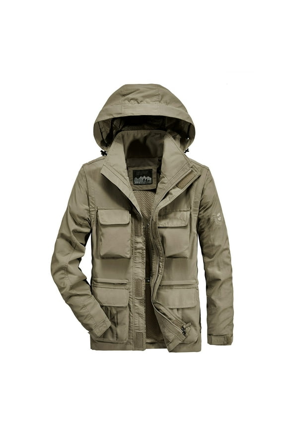 Men's Winter Military Thicken Parka Jacket Warm Coat with Removable Hood Trendy Solid Color Long Sleeve Waterproof Windbreaker Outwear Tops with Multi-Pockets Khaki M