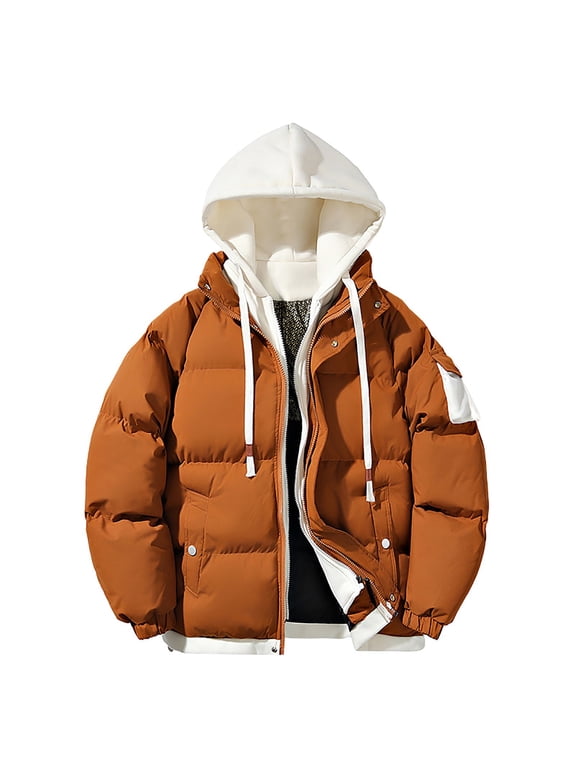 Men's Winter Puffer Jacket Lightweight Long Sleeve Quilted Thickened Down Coat Insulated and Water Repellent Jacket with Hood Brown L