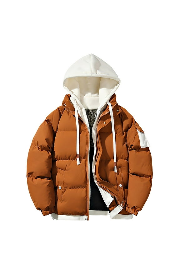 Men's Winter Puffer Jacket Lightweight Long Sleeve Quilted Thickened Down Coat Insulated and Water Repellent Jacket with Hood Brown XL