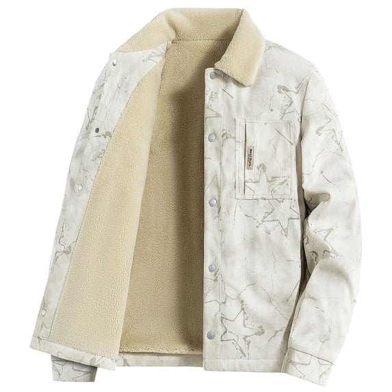 ZCFZJW Men's Winter Sherpa Lined Fleece Cargo Jacket Trendy Plush Thick Warm Soft Cotton Button Down Long Sleeve Cardigan Outerwear Coat with Pockets White XL