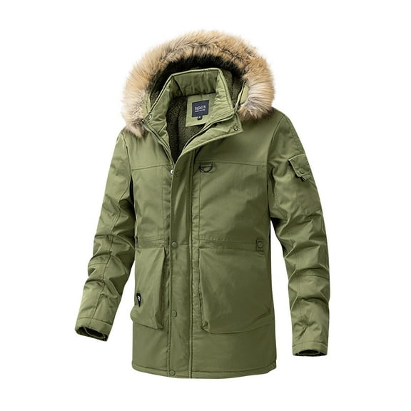 ZCFZJW Men's Winter Snow Coat Trendy Long Sleeve Zip Up Plush Thick Warm Ski Jacket Waterproof Hooded Work Outerwear Tops with Multi-Pockets Army Green XXL