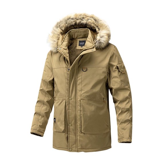 ZCFZJW Men's Winter Snow Coat Trendy Long Sleeve Zip Up Plush Thick Warm Ski Jacket Waterproof Hooded Work Outerwear Tops with Multi-Pockets Khaki XXL