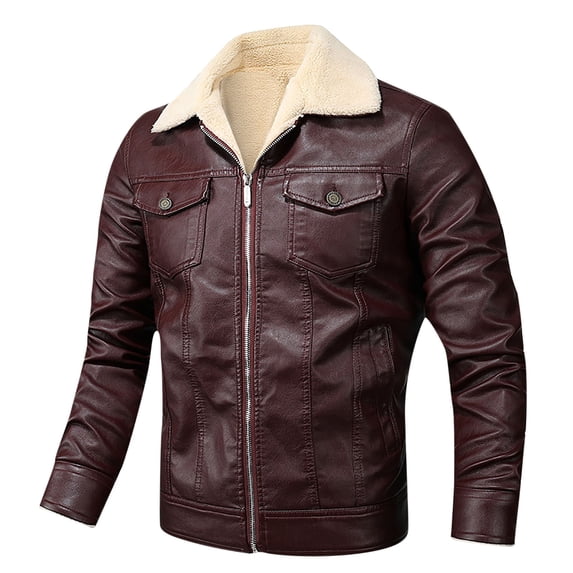 ZCFZJW Men's Winter Warm Leather Lapel Jackets Casual Full Zip Up Sherpa Fleece Lined Jacket Motorcycle Cashmere Big and Tall Vintage Coats A#01-Wine XL