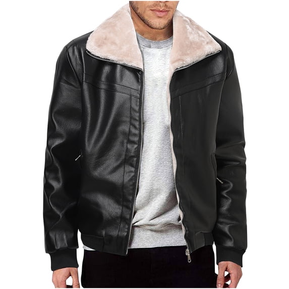 ZCFZJW Men's Winter Warm Leather Lapel Jackets Casual Full Zip Up Sherpa Fleece Lined Jacket Motorcycle Cashmere Big and Tall Vintage Coats Black#01 L