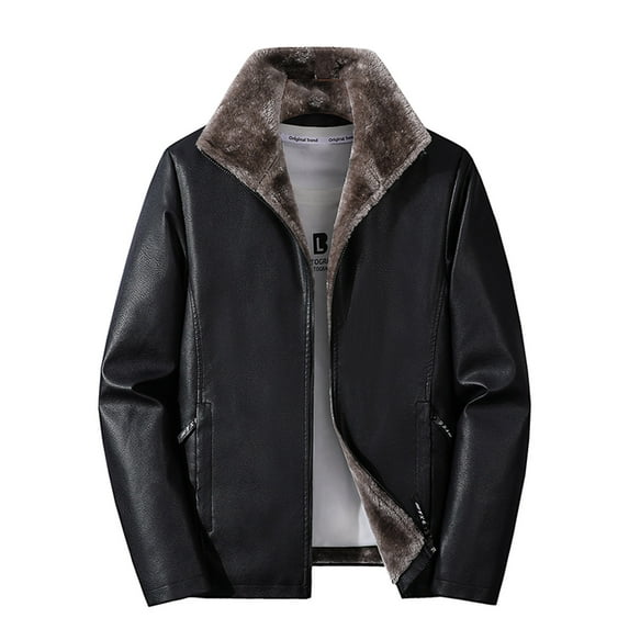 ZCFZJW Men's Winter Warm Leather Lapel Jackets Casual Full Zip Up Sherpa Fleece Lined Jacket Motorcycle Cashmere Big and Tall Vintage Coats Black L