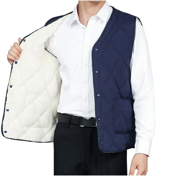 ZCFZJW Men's Winter Warm Outdoor Padded Puffer Vest Thick Fleece Lined Sleeveless Jacket Casual Button up Outwear Coat with Pockets Navy L