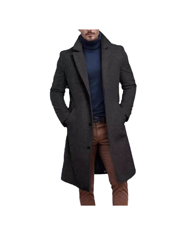 Men's Wool Blend Pea Coat Notched Collar Single Breasted Overcoat Warm Winter Long Sleeve Trench Coat with Pockets Dark Gray L