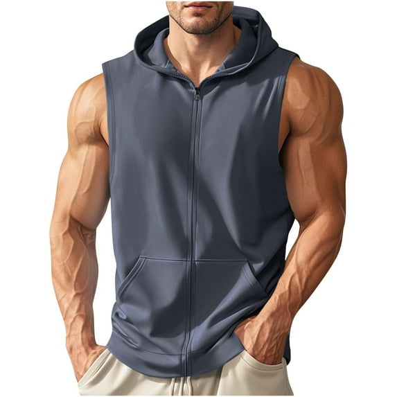 ZCFZJW Men's Workout Hooded Tank Tops Lightweight Full Zip Up Sleeveless Gym Shirts Muscle Cut Off T Shirt Bodybuilding Hoodies Dark Gray L
