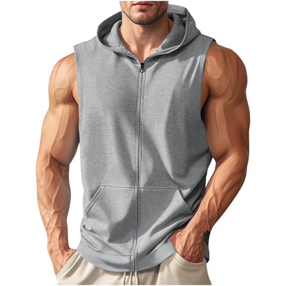 ZCFZJW Men's Workout Hooded Tank Tops Lightweight Full Zip Up Sleeveless Gym Shirts Muscle Cut Off T Shirt Bodybuilding Hoodies Gray M