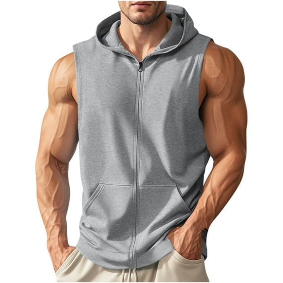 ZCFZJW Men's Workout Hooded Tank Tops Lightweight Full Zip Up Sleeveless Gym Shirts Muscle Cut Off T Shirt Bodybuilding Hoodies Gray XXL