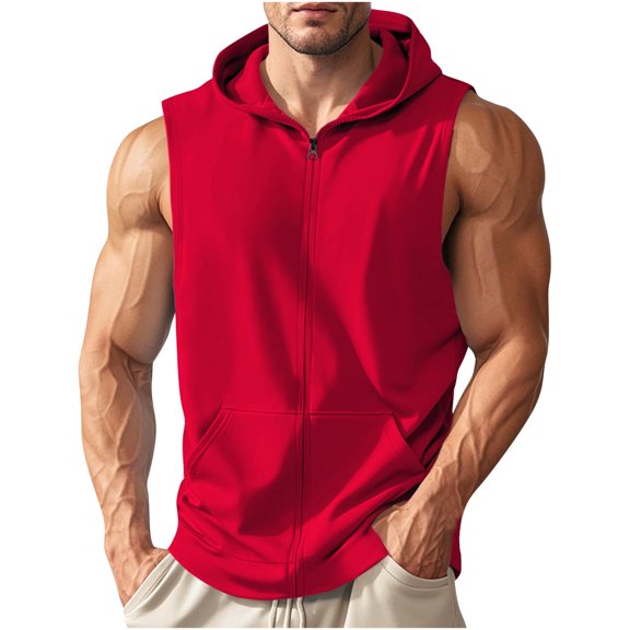 ZCFZJW Men's Workout Hooded Tank Tops Lightweight Full Zip Up Sleeveless Gym Shirts Muscle Cut Off T Shirt Bodybuilding Hoodies Red XL