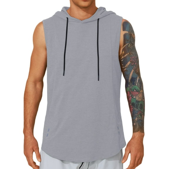 ZCFZJW Men's Workout Hooded Tank Tops Sleeveless Gym Hoodies Bodybuilding Muscle Cut Off T-Shirts Casual Drawstring Fitness Vest Gray M
