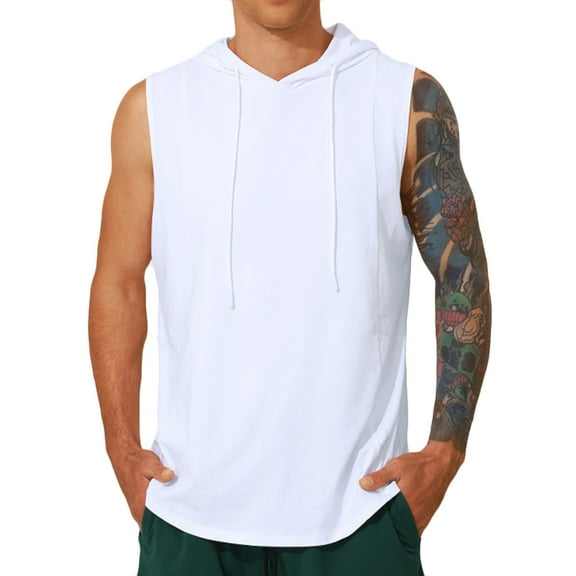 ZCFZJW Men's Workout Hooded Tank Tops Sleeveless Gym Hoodies Bodybuilding Muscle Cut Off T-Shirts Casual Drawstring Fitness Vest White M
