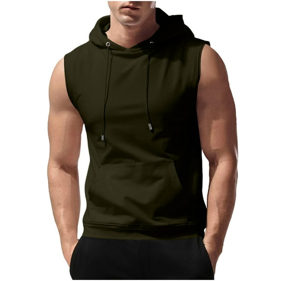 ZCFZJW Men's Workout Hooded Tank Tops Trendy Drawstring Sleeveless Gym Hoodies Bodybuilding Muscle Cut Off T-Shirts with Kangaroo Pockets Army Green M