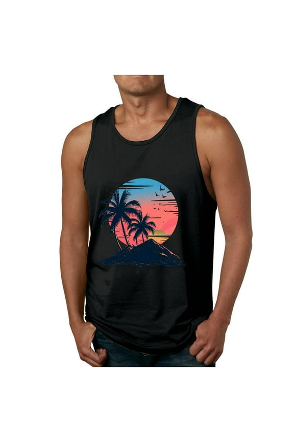 Men's Workout Quick Dry Soft Gym Bodybuilding Stringer Tank Tops Cute Summer Tropical Print Sleeveless Round Neck Graphic Tees Shirt Black M