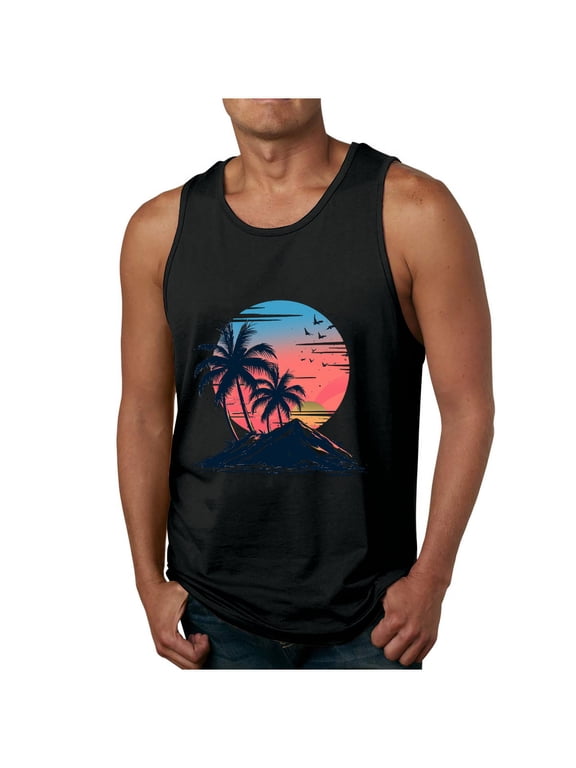 Men's Workout Quick Dry Soft Gym Bodybuilding Stringer Tank Tops Cute Summer Tropical Print Sleeveless Round Neck Graphic Tees Shirt Black M
