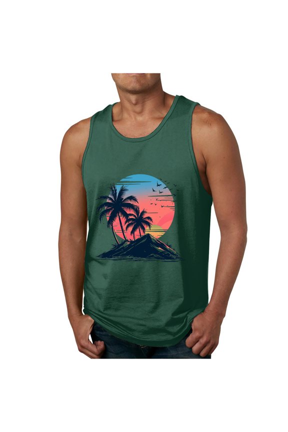 Men's Workout Quick Dry Soft Gym Bodybuilding Stringer Tank Tops Cute Summer Tropical Print Sleeveless Round Neck Graphic Tees Shirt Green L