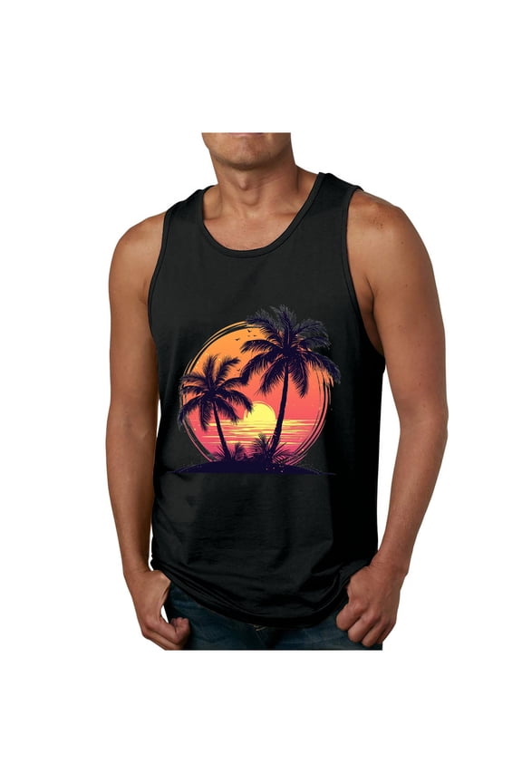Men's Workout Stringer Tank Tops Gym Muscle Sleeveless Summer Tropical Palm Tree Print Cotton Shirt Training Bodybuilding Vest Black M