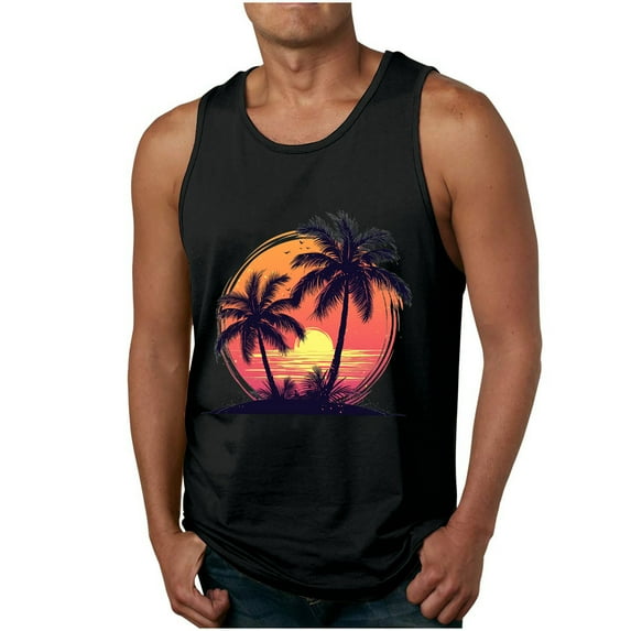 ZCFZJW Men's Workout Stringer Tank Tops Gym Muscle Sleeveless Summer Tropical Palm Tree Print Cotton Shirt Training Bodybuilding Vest Black XL