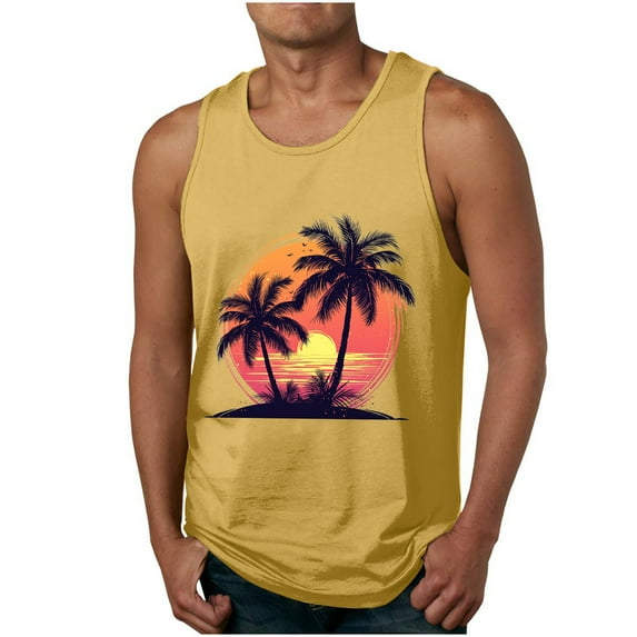 ZCFZJW Men's Workout Stringer Tank Tops Gym Muscle Sleeveless Summer Tropical Palm Tree Print Cotton Shirt Training Bodybuilding Vest Yellow XXL