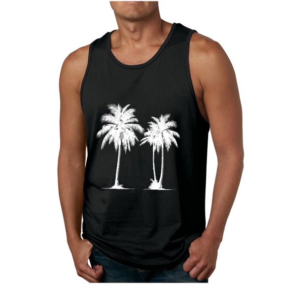 ZCFZJW Men's Workout Tank Tops Cotton Gym Cut Off Sleeveless Tropical Palm Tree Graphic T Shirt Bodybuilding Fitness Muscle Athletic Tank Tops Black XXXL
