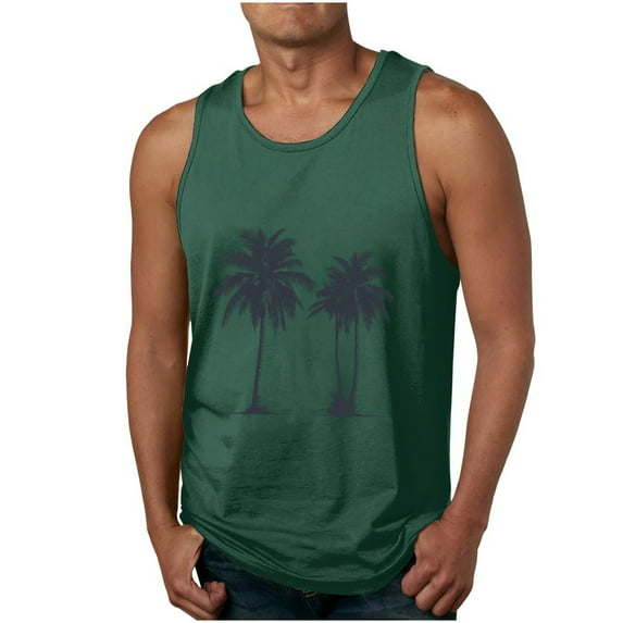 ZCFZJW Men's Workout Tank Tops Cotton Gym Cut Off Sleeveless Tropical Palm Tree Graphic T Shirt Bodybuilding Fitness Muscle Athletic Tank Tops Green XXXXL