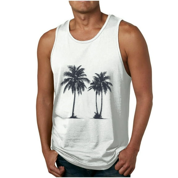 ZCFZJW Men's Workout Tank Tops Cotton Gym Cut Off Sleeveless Tropical Palm Tree Graphic T Shirt Bodybuilding Fitness Muscle Athletic Tank Tops White XXXL