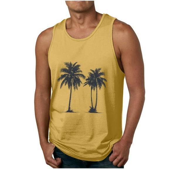 ZCFZJW Men's Workout Tank Tops Cotton Gym Cut Off Sleeveless Tropical Palm Tree Graphic T Shirt Bodybuilding Fitness Muscle Athletic Tank Tops Yellow XXXL