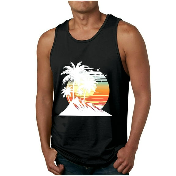 ZCFZJW Men's Workout Tank Tops Mesh Gym Sleeveless Quick Dry Summer Tropical Palm Tree Print Bodybuilding Shirts Fitness Athletic Muscle Tee Black M