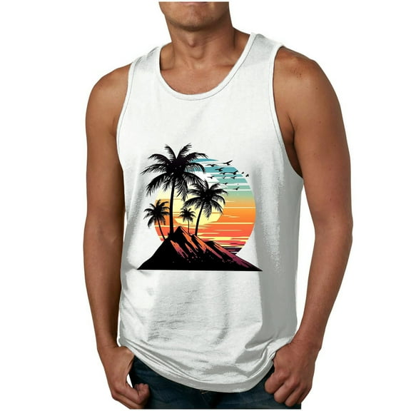 ZCFZJW Men's Workout Tank Tops Mesh Gym Sleeveless Quick Dry Summer Tropical Palm Tree Print Bodybuilding Shirts Fitness Athletic Muscle Tee White XL