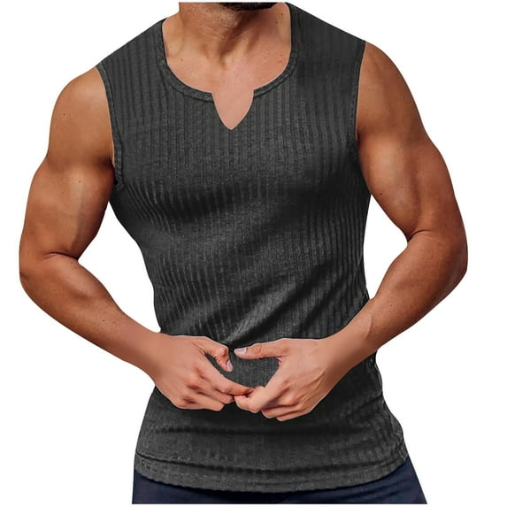 ZCFZJW Men's Workout Tank Tops Sleeveless Curvy V Neck Solid Color Ribbed Knit T Shirt Muscle Gym Fitness Tee Trendy Basic Summer Camisole Vest Dark Gray XXL