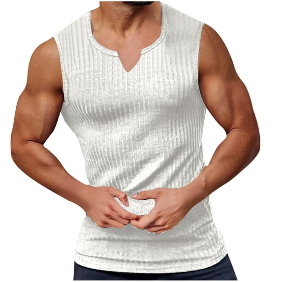 ZCFZJW Men's Workout Tank Tops Sleeveless Curvy V Neck Solid Color Ribbed Knit T Shirt Muscle Gym Fitness Tee Trendy Basic Summer Camisole Vest White XXL