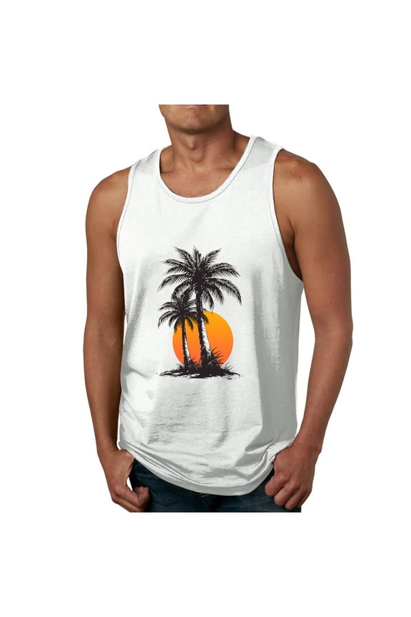 Men's Workout Tank Tops Sleeveless Muscle Gym Shirt Quick Dry Summer Tropical Palm Tree Pattern Print Crew Neck Basic Tees Shirt White XL